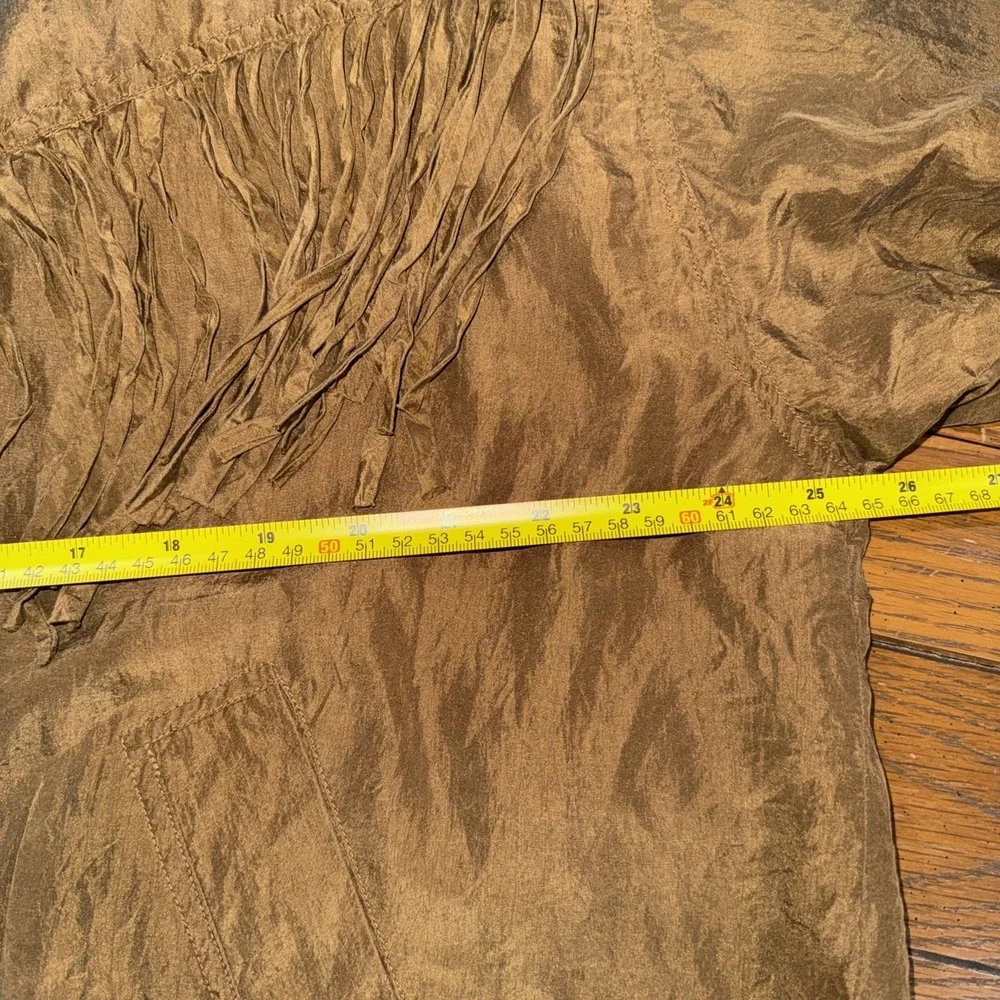 Abvien Women's 100% Silk Fringe Jacket Vintage Large Mustard‎ Brown Button Up